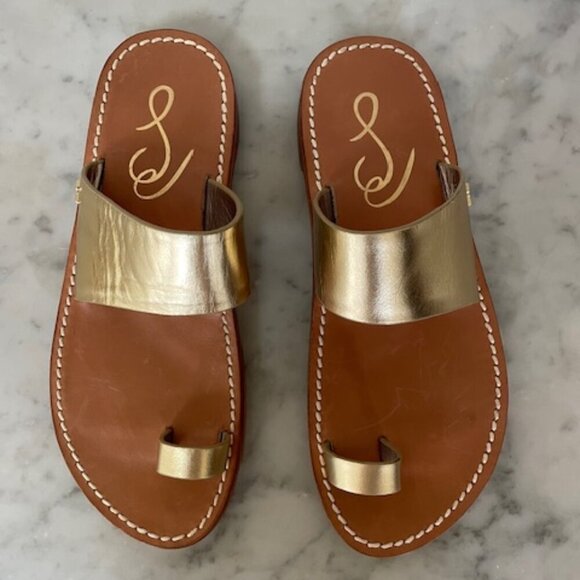 SAM EDELMAN Maxy Gold Slip On Toe Ring Leather Flat Slides Sandal 6 - Picture 12 of 15